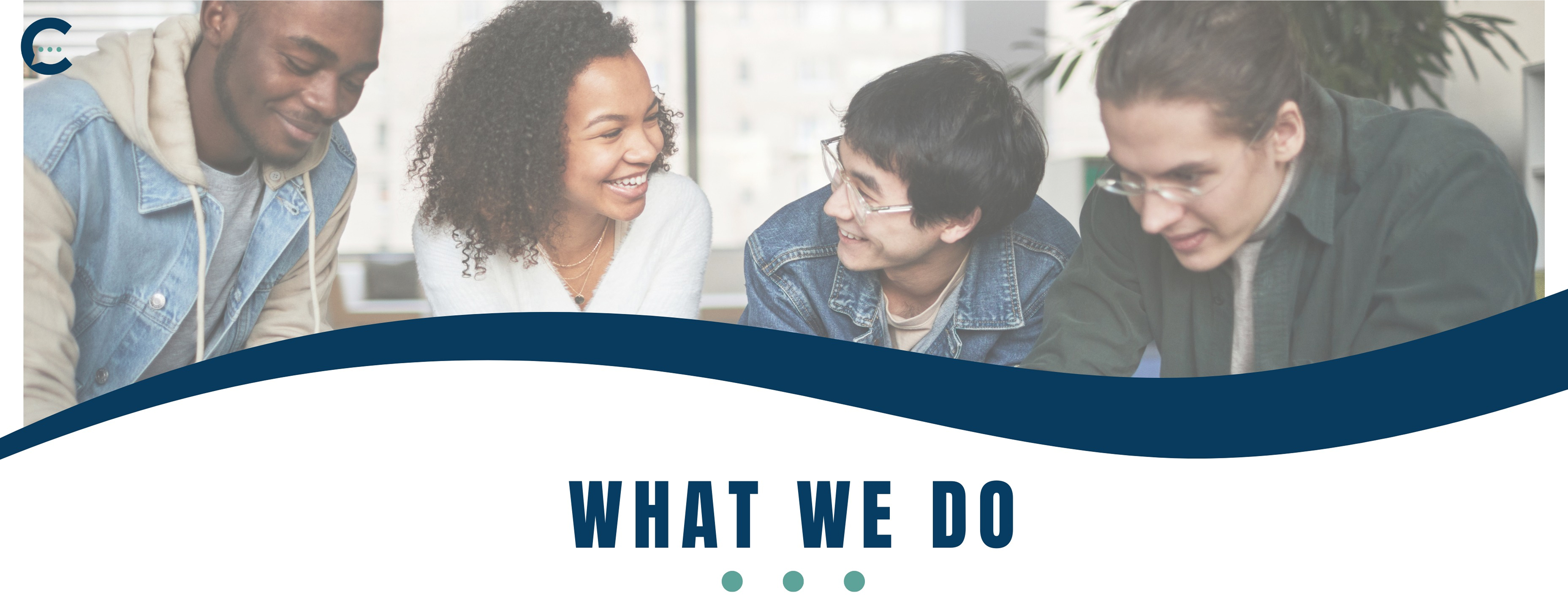 “What We Do” is in bold blue lettering at the top of the page, with green dots underlining the text.